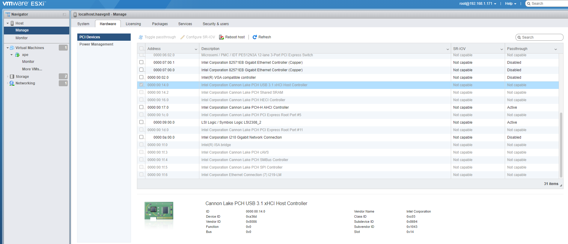 ESXi PCI passthrough grået ut