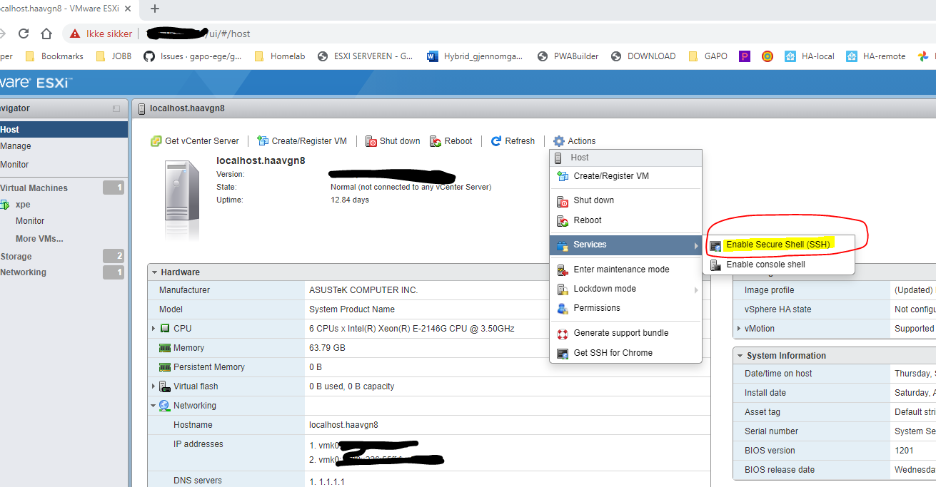 Slå på SSH i ESXi