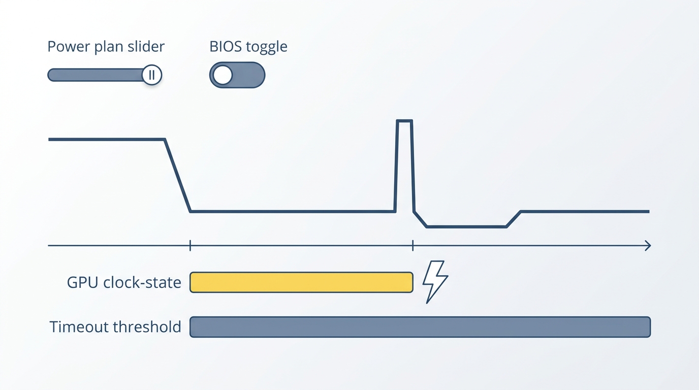 Tidslinje-diagram som viser GPU-tilstand over tid med hevet TDR-timeout som hindrer driverreset ved kortvarig henging