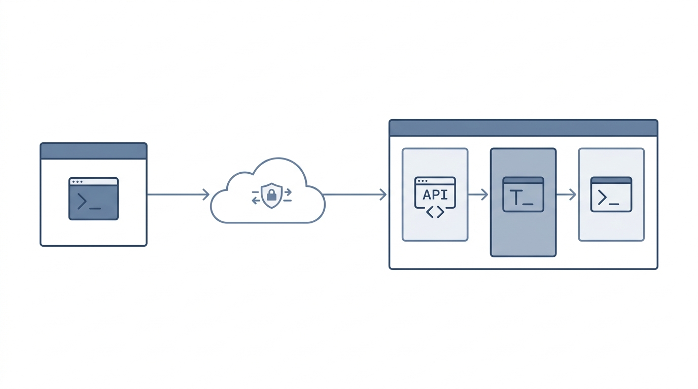 Arkitekturdiagram som viser nettleser med xterm.js koblet via WebSocket gjennom Cloudflare Tunnel til FastAPI-backend og pty på serveren