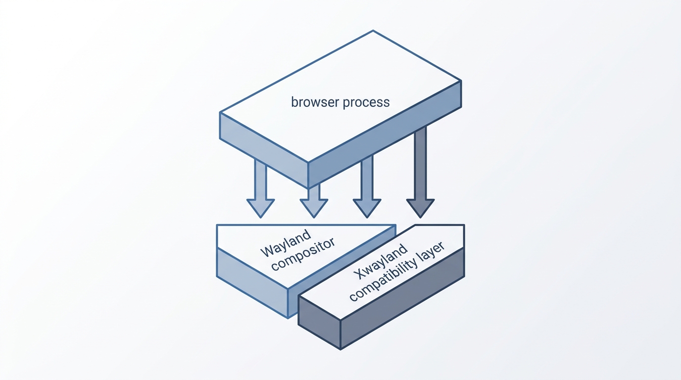 Skjematisk diagram over miljøvariablene DISPLAY, XAUTHORITY, XDG_RUNTIME_DIR og DBUS som kobler Chrome-prosessen til Xwayland-skjermserveren på Wayland