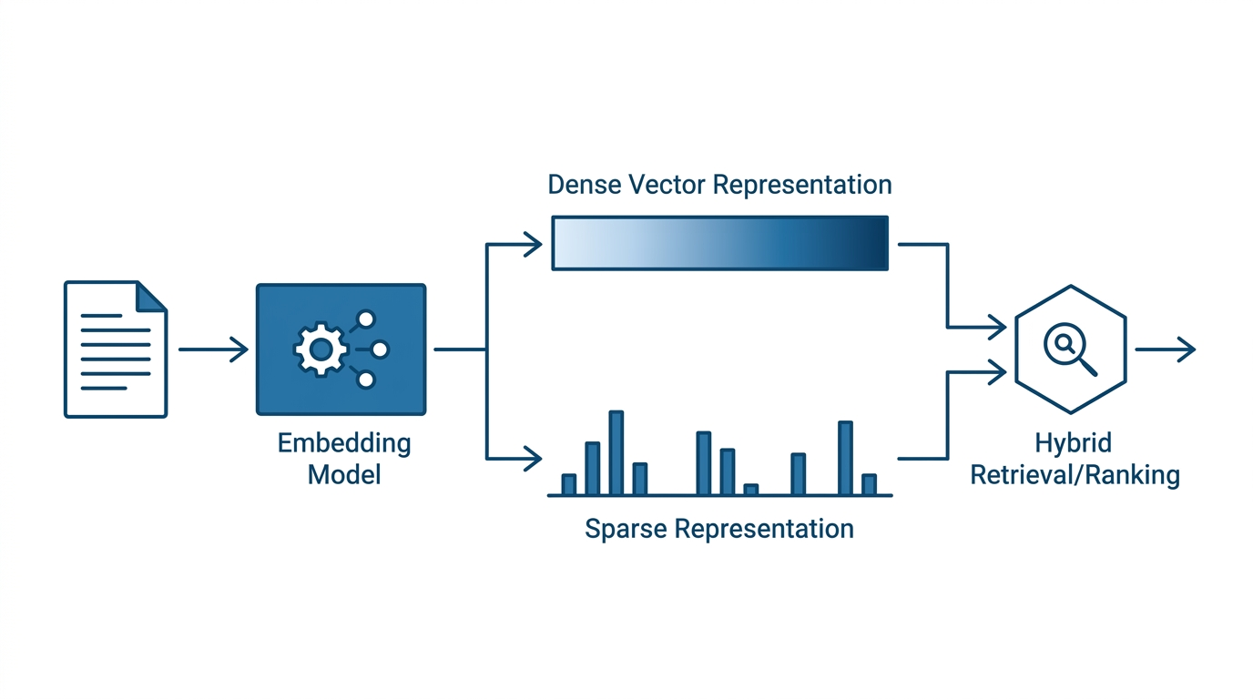 Diagram som viser BGE-M3 embedding-modell som produserer både dense og sparse representasjon fra samme modell, kombinert i hybrid gjenfinning