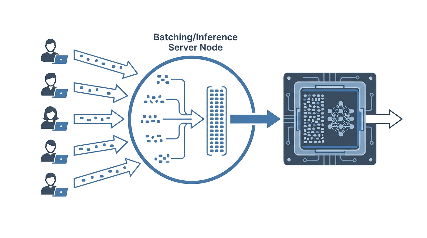 Skjematisk topologi der flere brukere sender forespørsler inn til en batching-server som slår dem sammen før de går til GPU-en med modellen