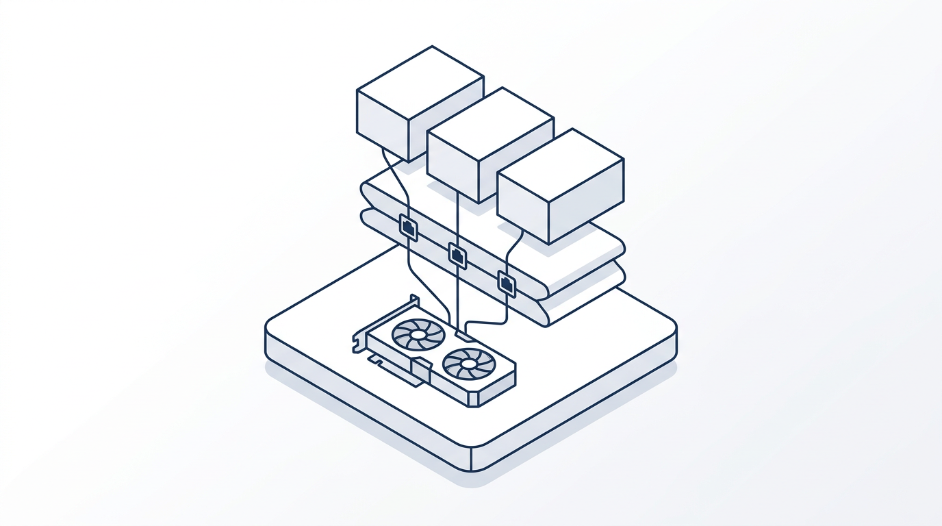 Skjematisk arkitektur der ett fysisk GPU på Proxmox-verten deles til flere uprivilegerte LXC-containere via bind-mount, med kjernemodulen kun på verten