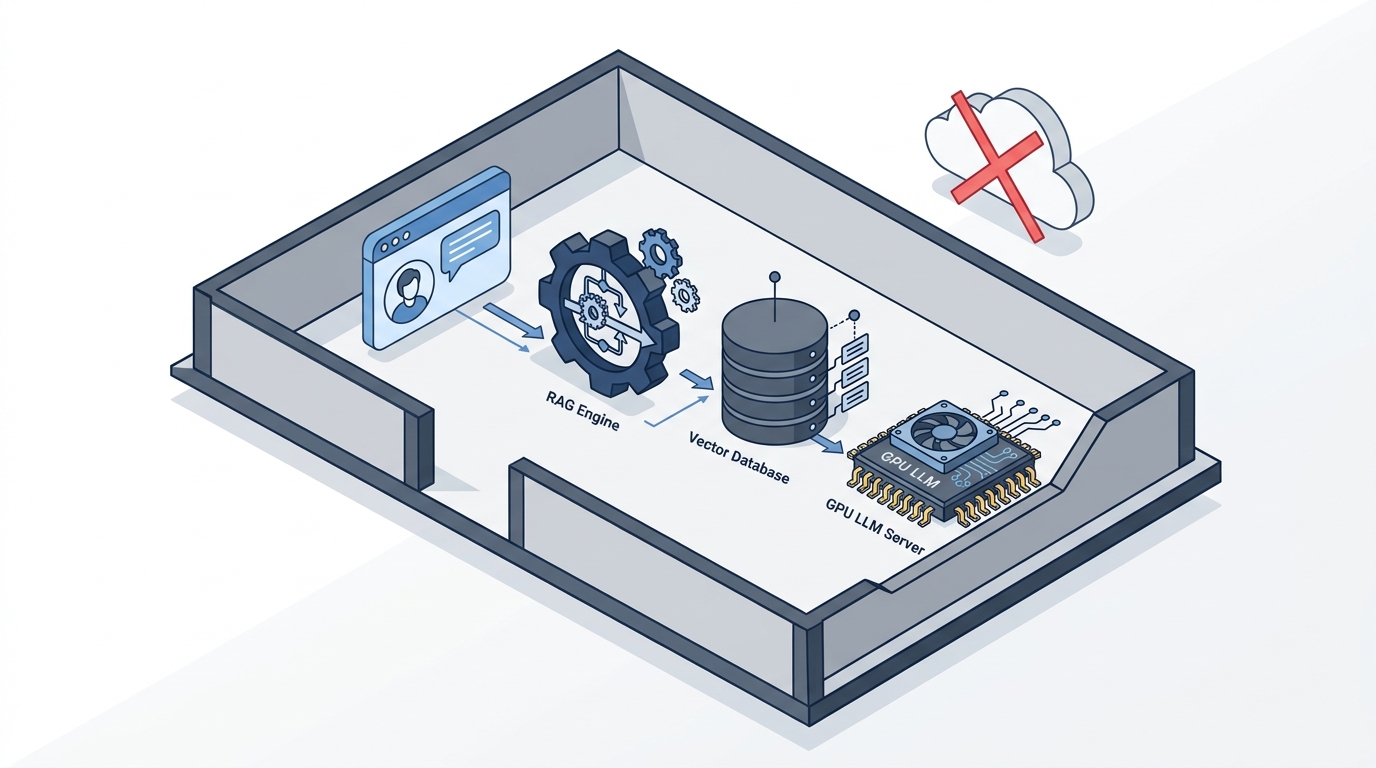 Skjematisk arkitekturdiagram: web-UI til RAG-motor til vektordatabase og LLM-server, alt lokalt uten sky