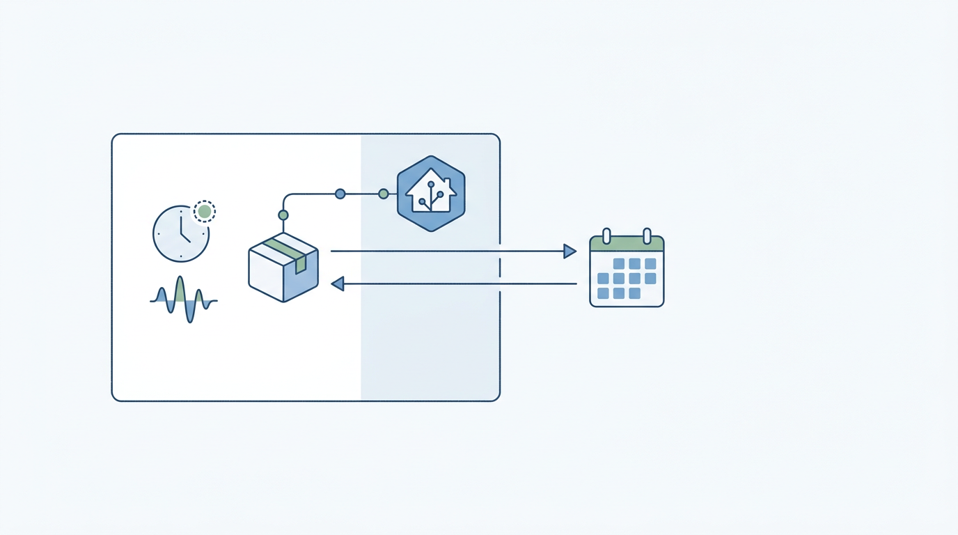 Arkitekturdiagram av en liten lokal container i hjemmenettet som poller kommunens tømmekalender én gang i døgnet med tilfeldig jitter og sender data videre til Home Assistant