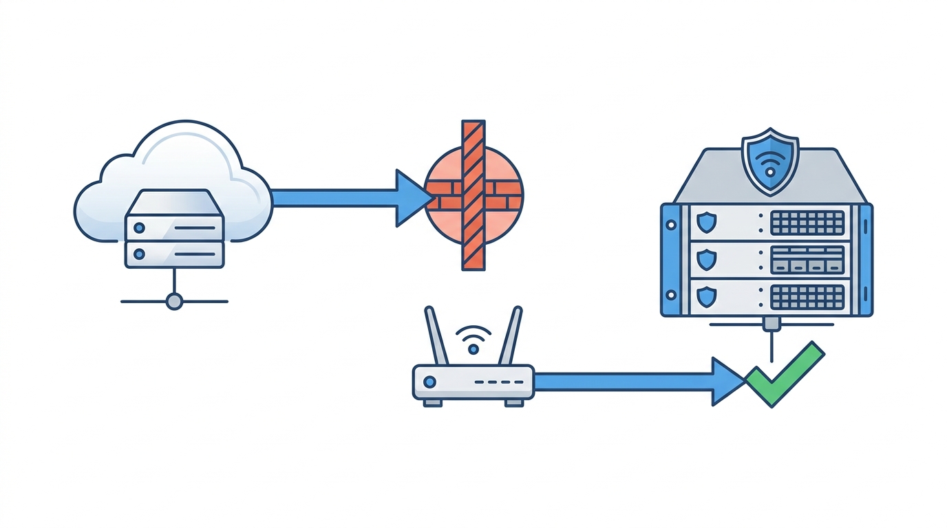 Nettverksdiagram som viser at skyleverandørens utgående IP blir blokkert mot kommunens server på en ikke-standard port, mens et norsk hjemmenett når fram
