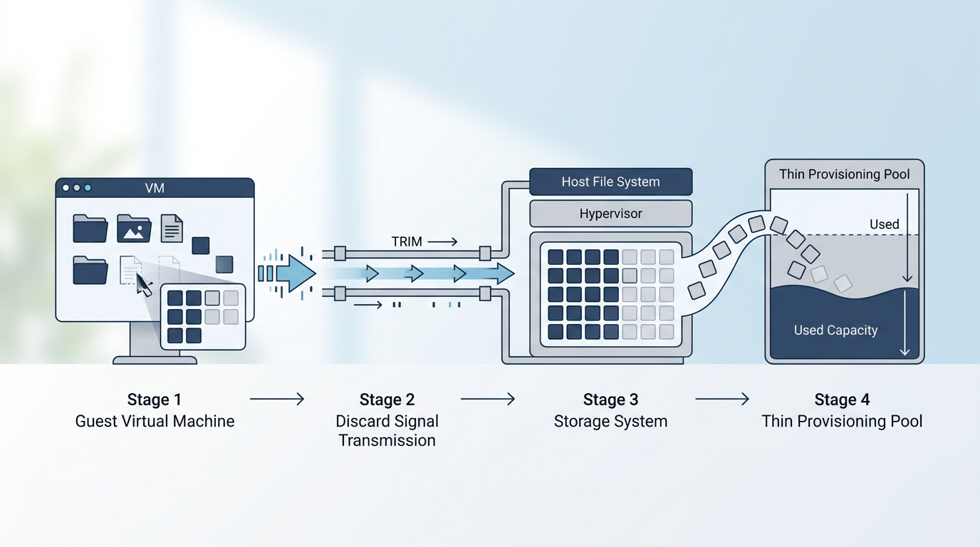 Flytdiagram av TRIM: gjest sletter filer, discard sender blokkene tilbake, fstrim frigjør plass i thin-poolen