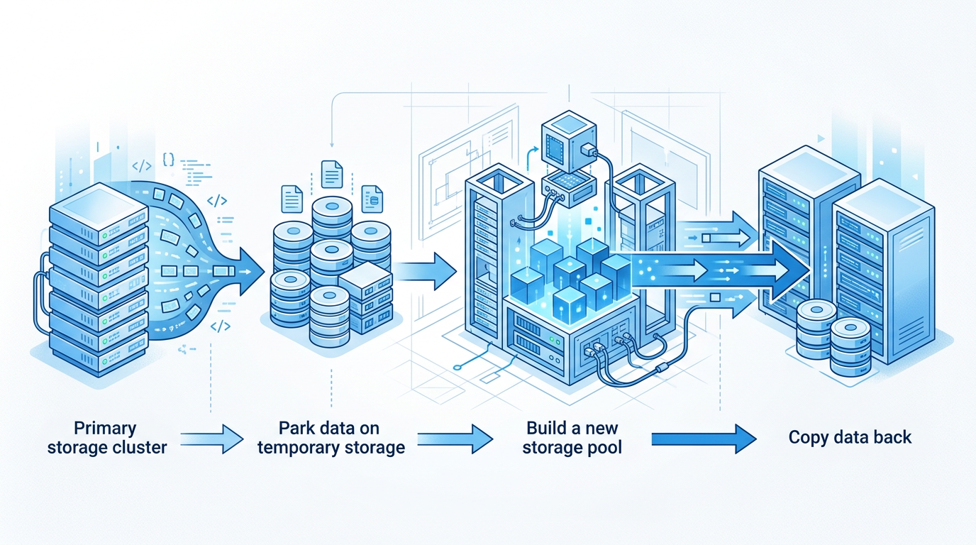 Migreringsflyt: parker data, bygg ny ZFS-pool, kopier tilbake