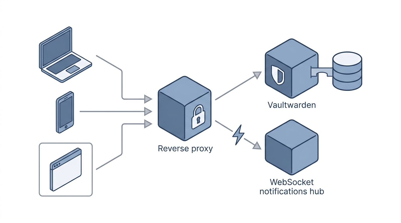 Nettverksdiagram som viser klienter som kobler seg gjennom en reverse proxy med HTTPS til Vaultwarden-serveren og WebSocket-huben