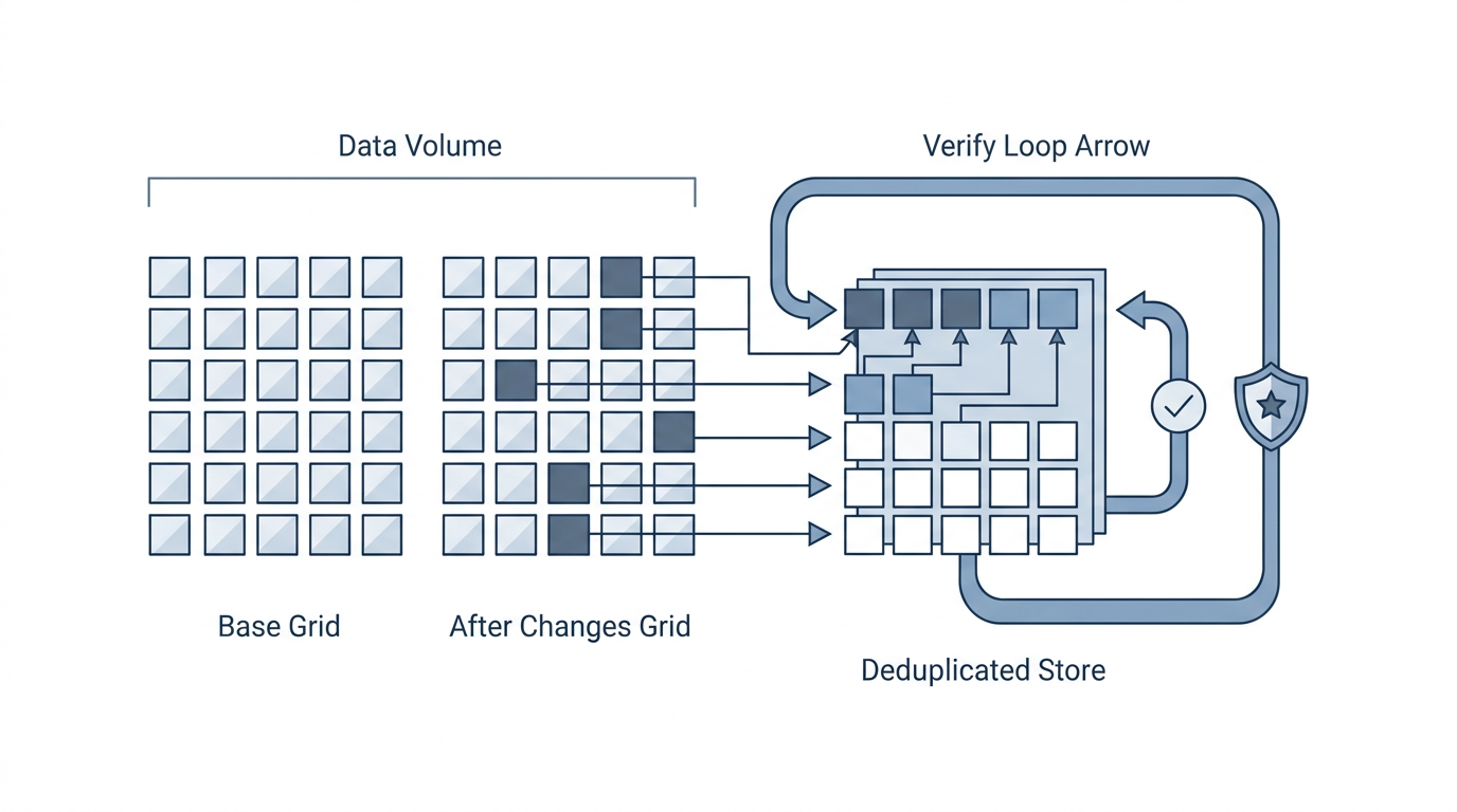 Skjematisk flytdiagram av Proxmox Backup Server: full sikkerhetskopi deles i blokker, kun endrede blokker skrives inkrementelt, og en verify-jobb leser tilbake og sjekker checksum