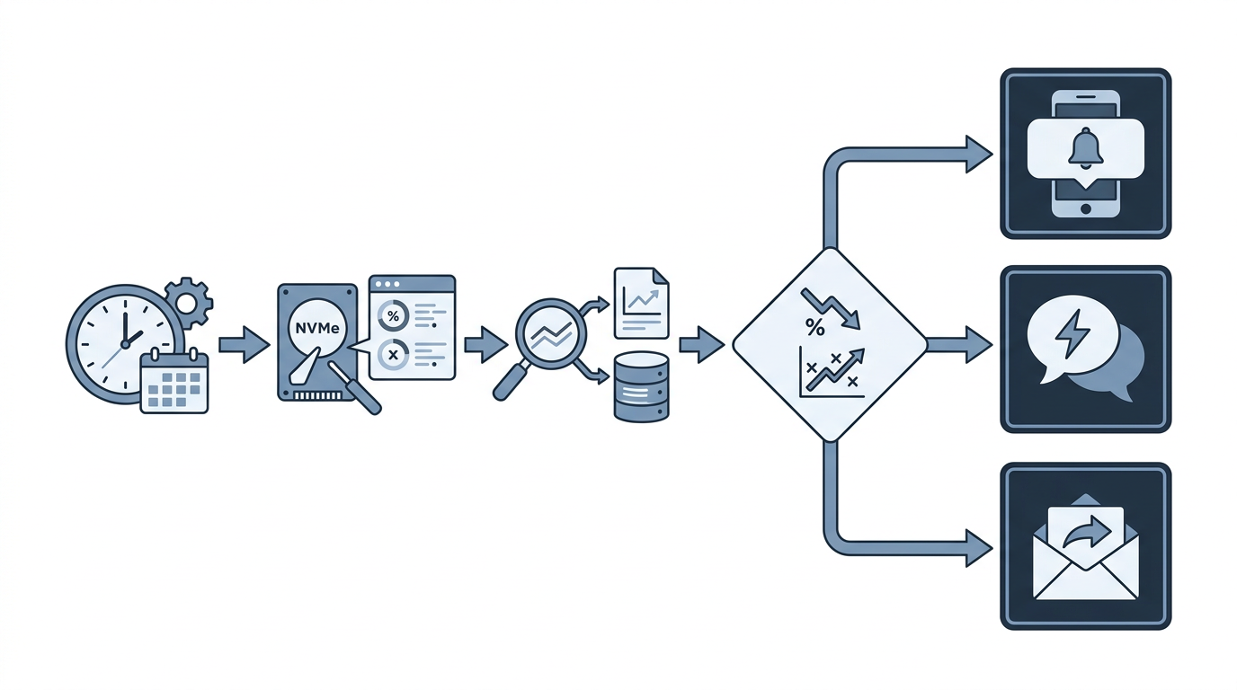 Flytdiagram for daglig overvaakning av SSD-helse: nvme smart-log leses hver dag, verdier sammenlignes mot forrige, og ved fallende available_spare eller oekende media-errors sendes varsel via push, Discord eller e-post