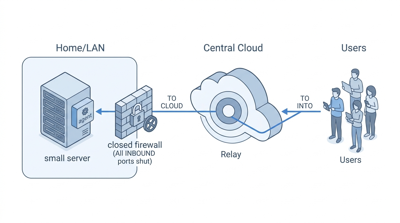 Diagram som viser hvordan cloudflared-agenten på innsiden holder en utgående forbindelse til Cloudflare, slik at brukere når tjenesten uten åpne innkommende porter