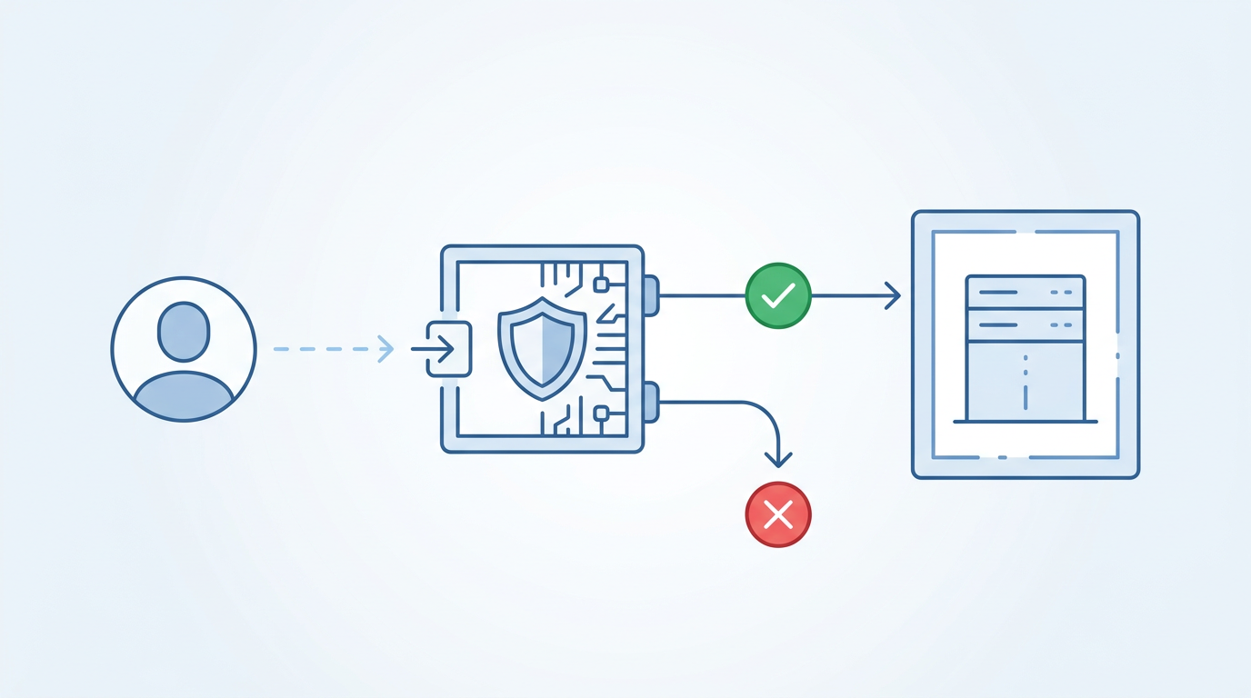 Skjematisk flyt som viser at Cloudflare Access sjekker hver forespørsel og krever godkjent innlogging før trafikken slipper videre til den interne tjenesten