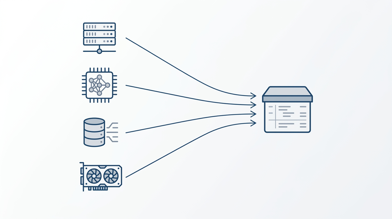 Topologisk skjema som viser ulike utenlandske skytjenester (VPS, LLM-API, backup, GPU-leie) som alle samles til én bokføringskonto for IT-tjenester