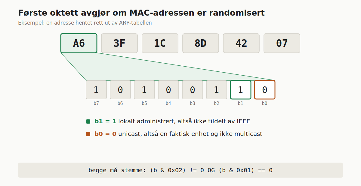 Bit-oppbygningen i første oktett av en MAC-adresse