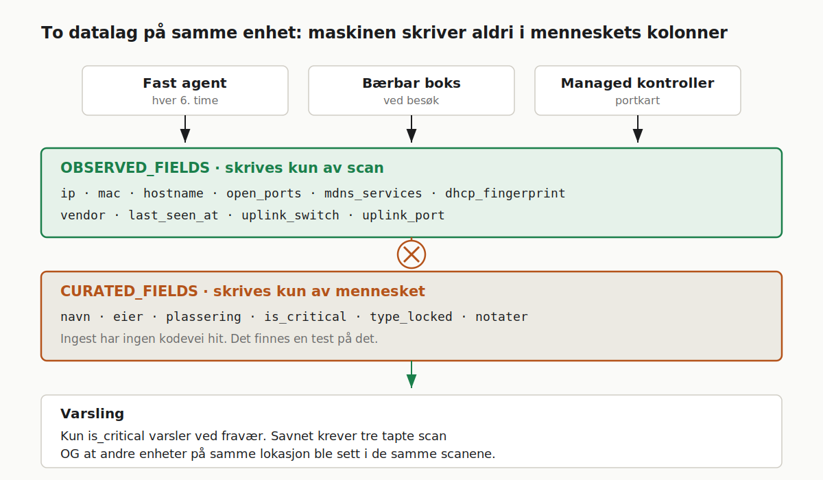 To datalag per enhet: observerte felter fra scan og kuraterte felter fra mennesket